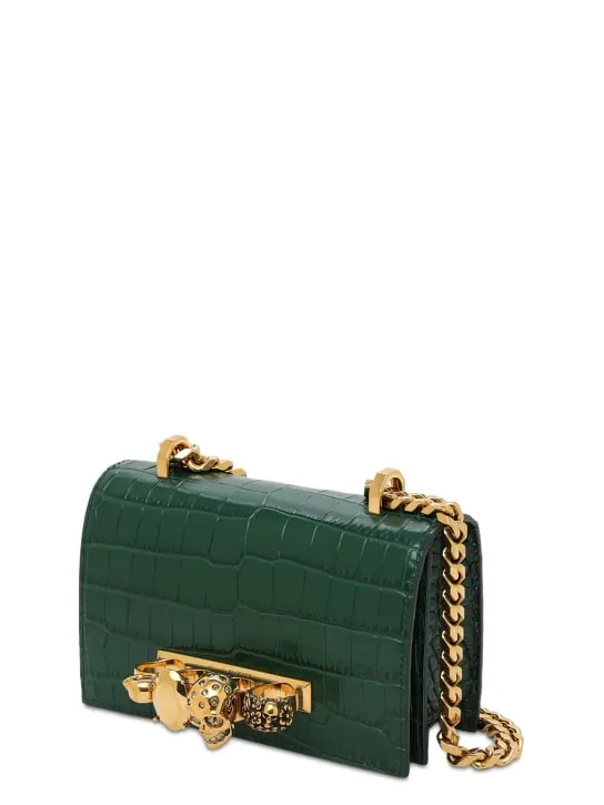 Alexander McQueen   Mini Jeweled croc embossed shoulder bag 