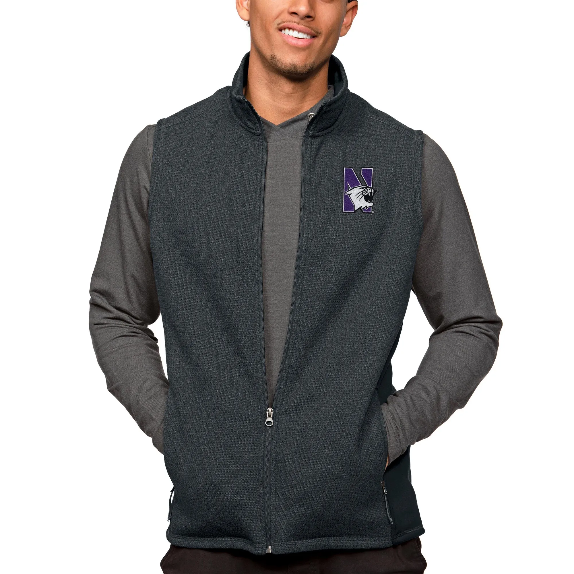 Antigua Northwestern Wildcats Heather Charcoal Course Full-Zip Vest