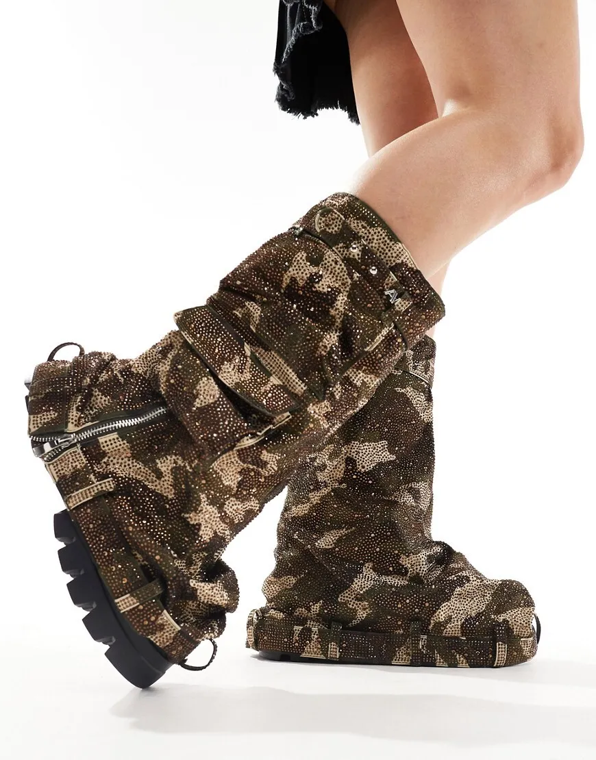 Azalea Wang Angela1 rhinestone covered chunky knee boot in camo-Green