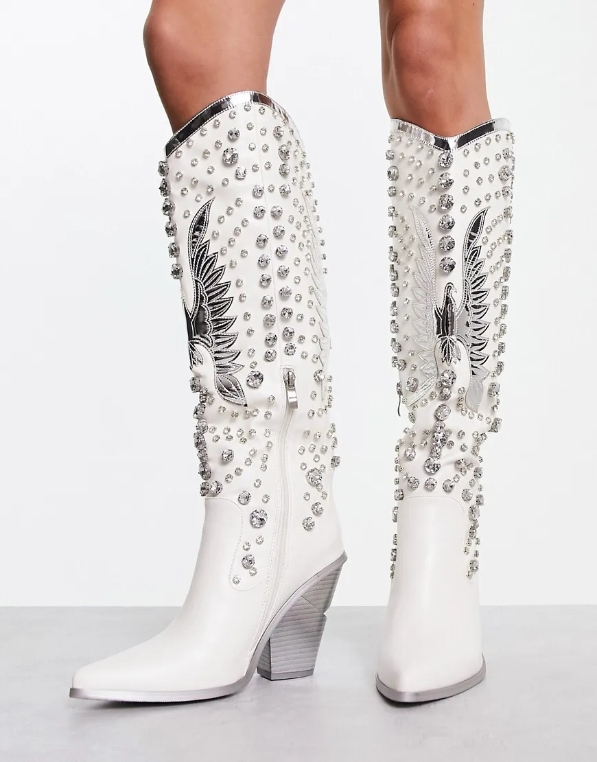 Azalea Wang Upbeat embellished western knee boot in white