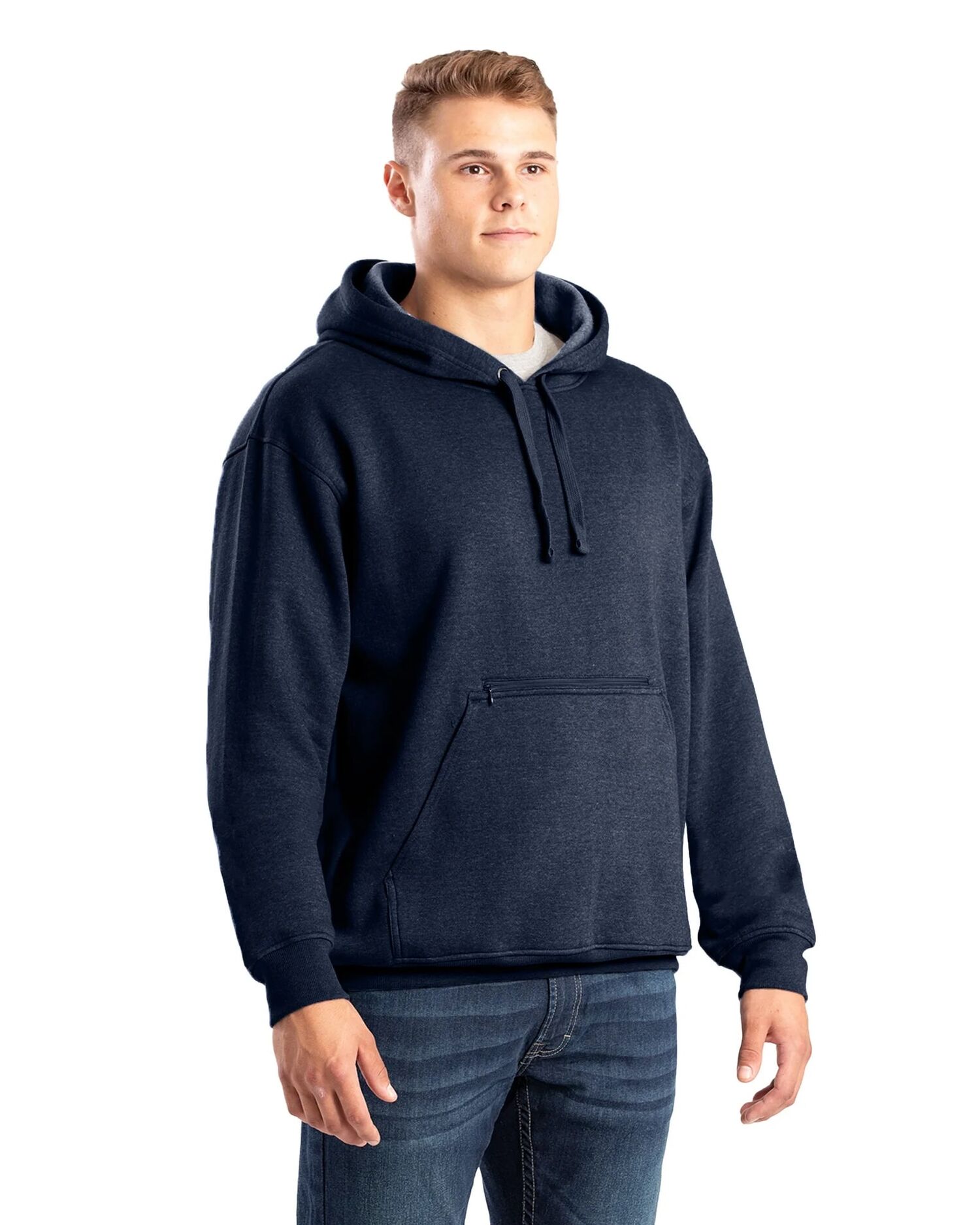 Berne Men's Zippered Pocket Hooded Pullover Sweatshirt in Navy