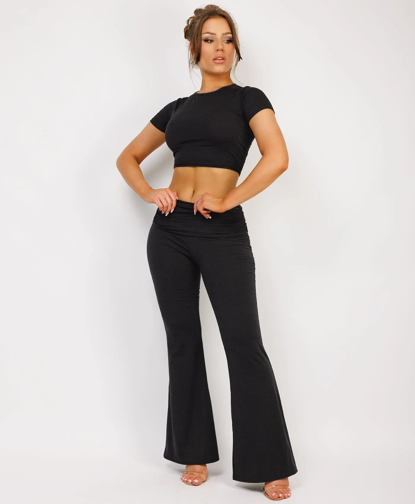 Black Crop Top And Fold Over Flared Trousers Loungewear Set