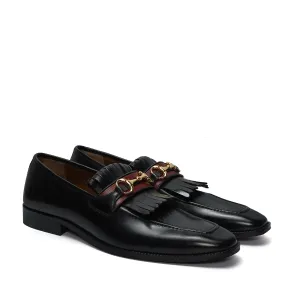 Black Formal Slip-On Shoes with Perfect Combination of Fringes & Horse-bit Buckle Detailing