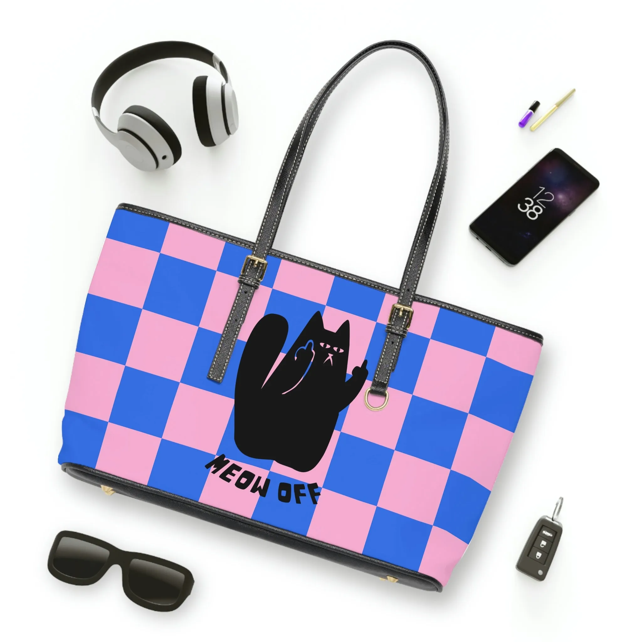 Checked Black Cat pointing middle finger Shoulder Bag