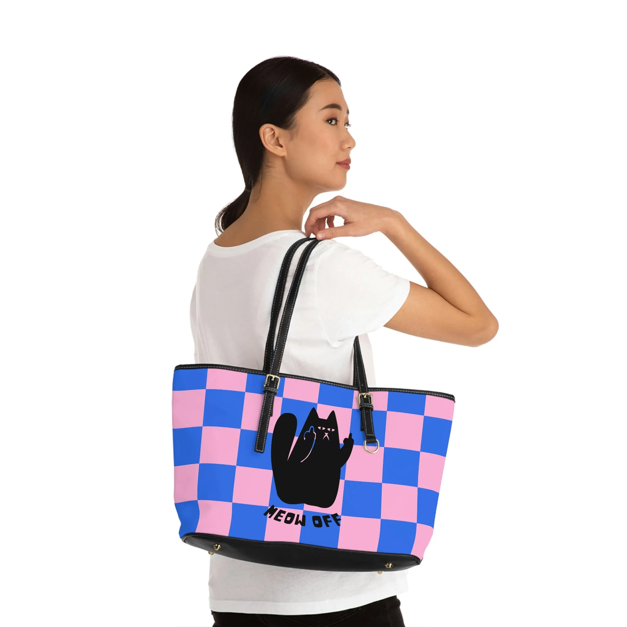 Checked Black Cat pointing middle finger Shoulder Bag