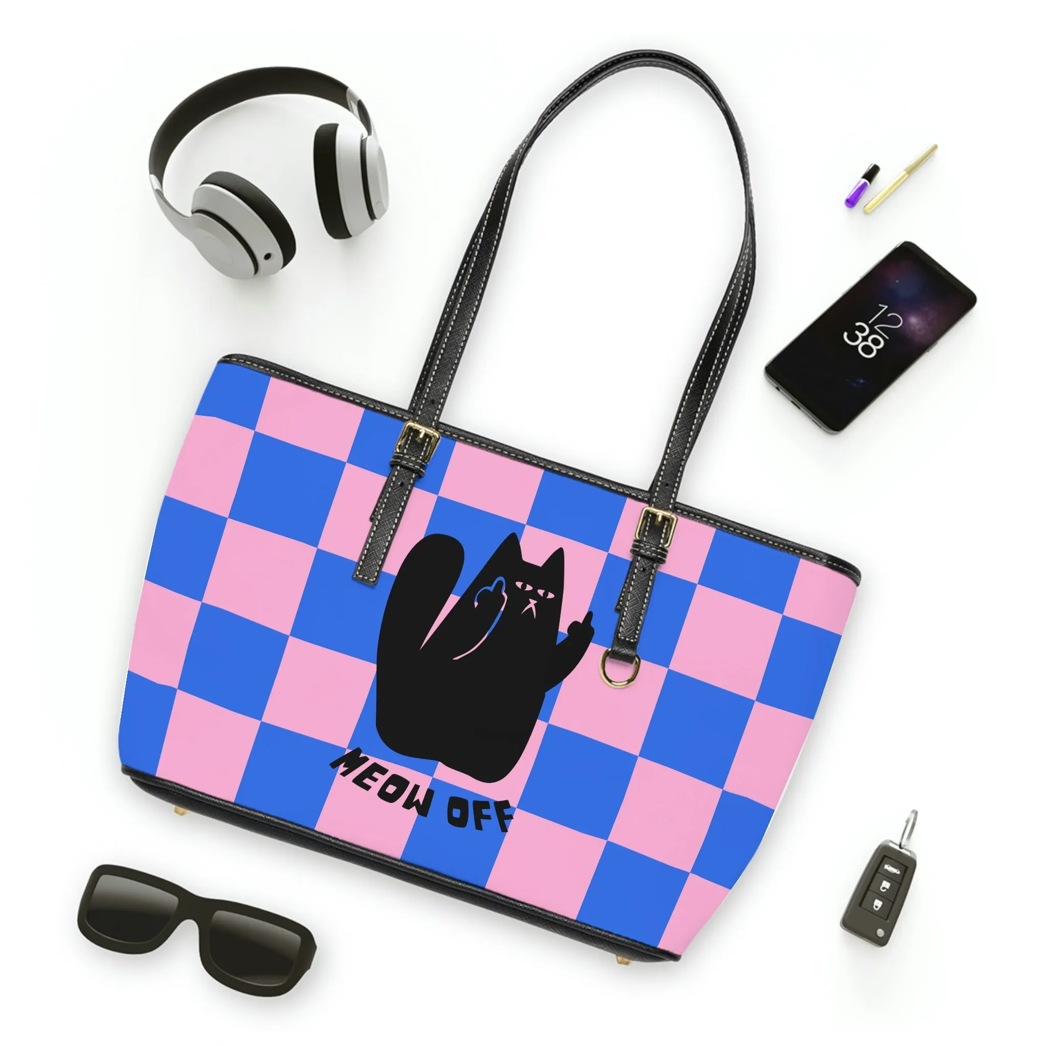 Checked Black Cat pointing middle finger Shoulder Bag