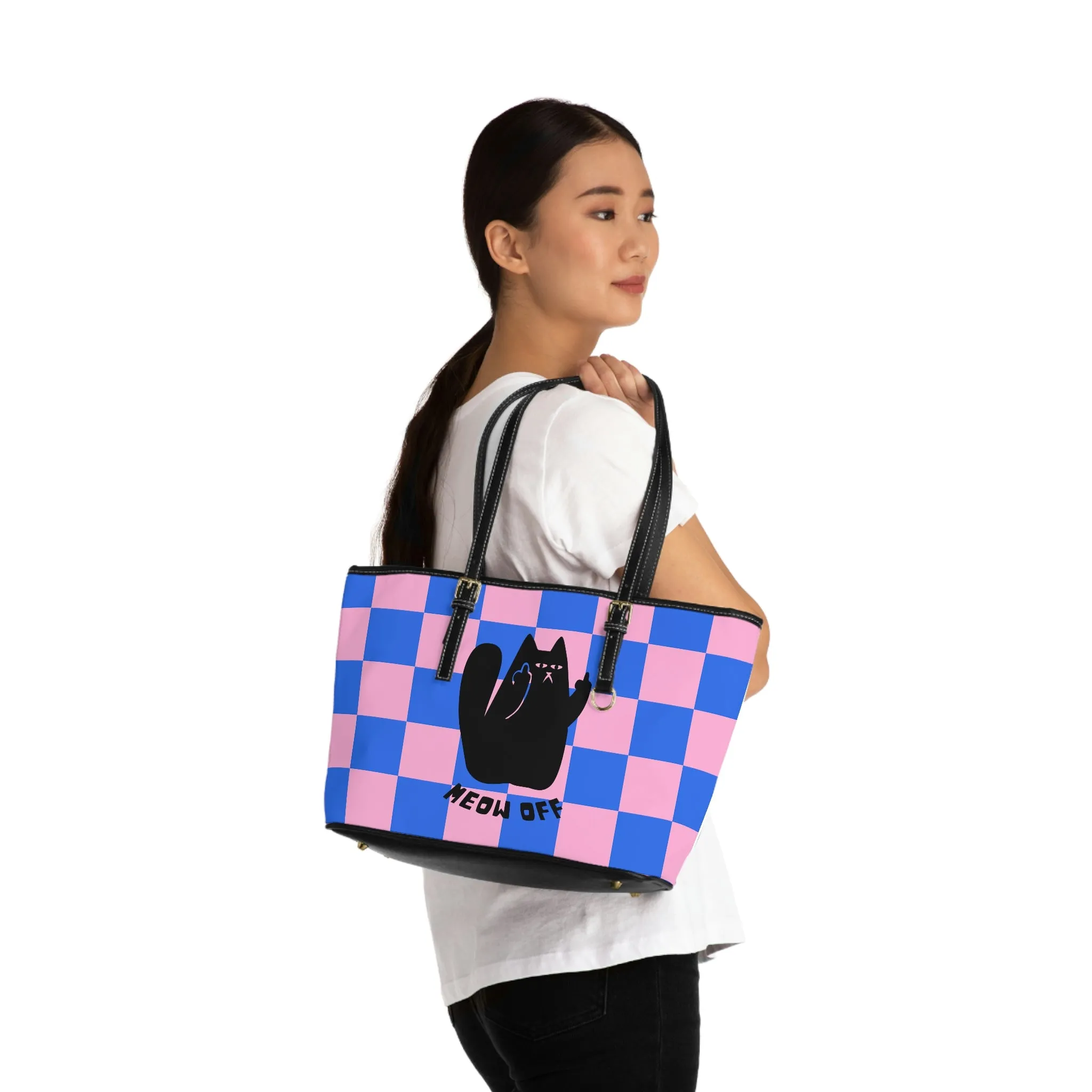 Checked Black Cat pointing middle finger Shoulder Bag