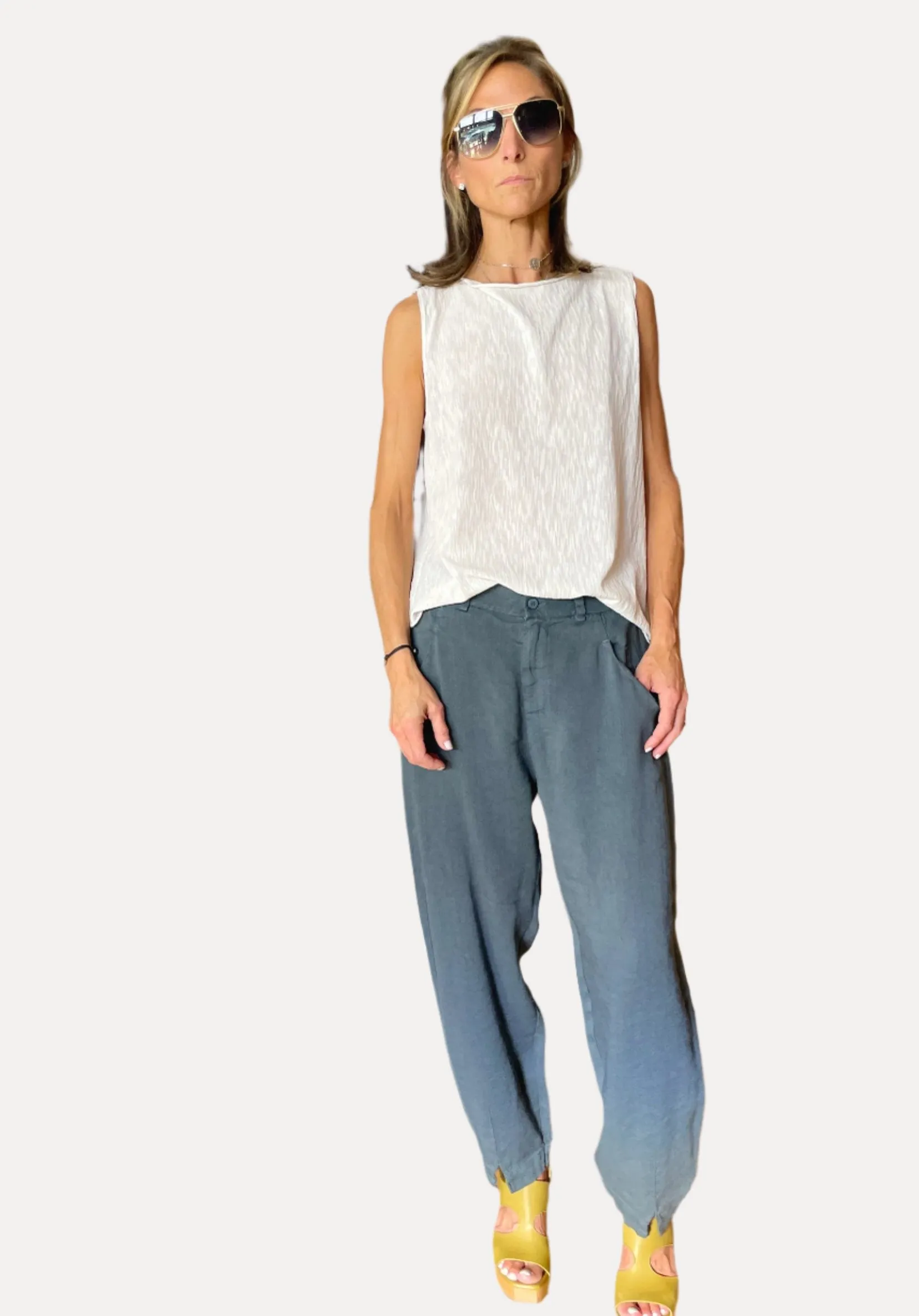 Comfort Fit Stretch Linen Viscose Trousers - Blue