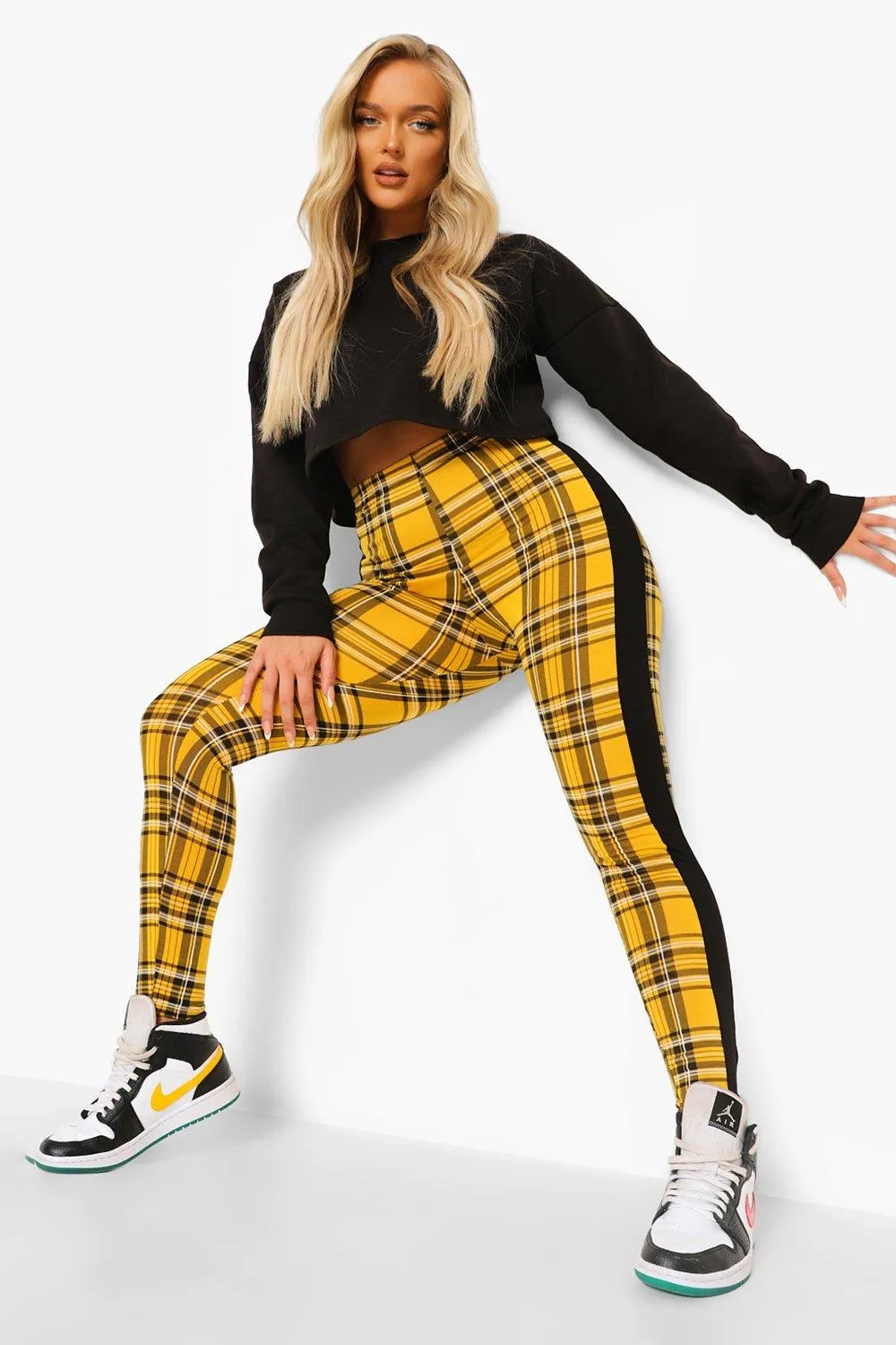 Contrast Stripe Plaid Check Jersey Leggings