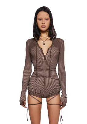 Crossfade Hooded Long Sleeve Romper - Brown-