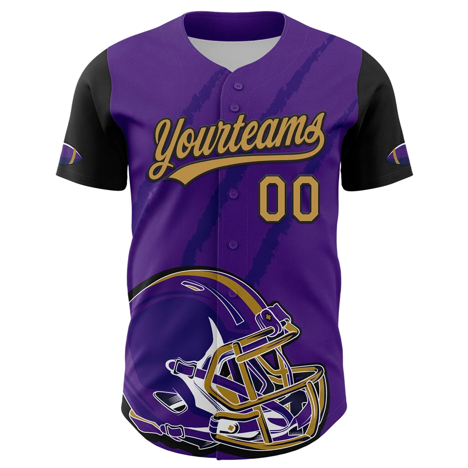 Custom Purple Old Gold-Black 3D Pattern Design Football Helmet And Animal Claw Authentic Baseball Jersey