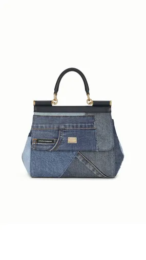 Denim Patchwork Medium Sicily Handbag - Blue