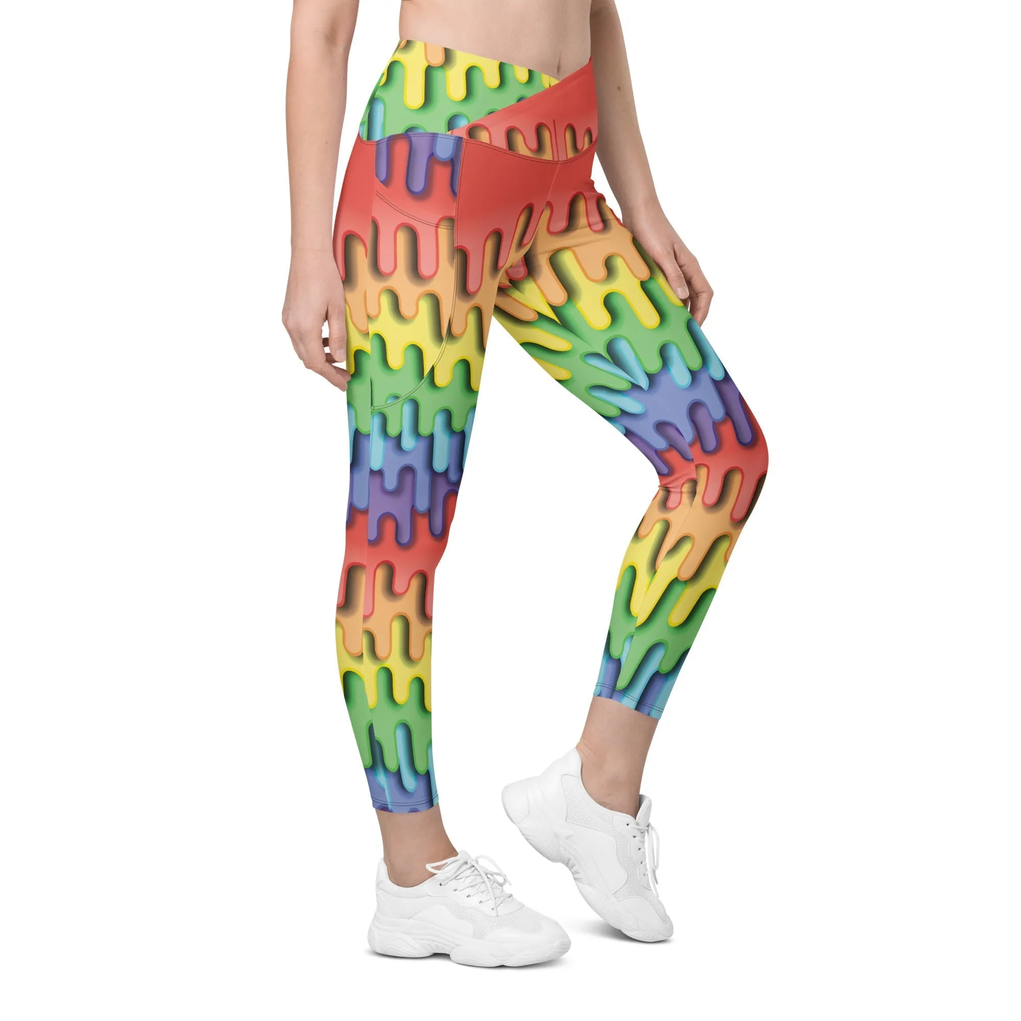 Dripping Rainbow Crossover Leggings With Pockets