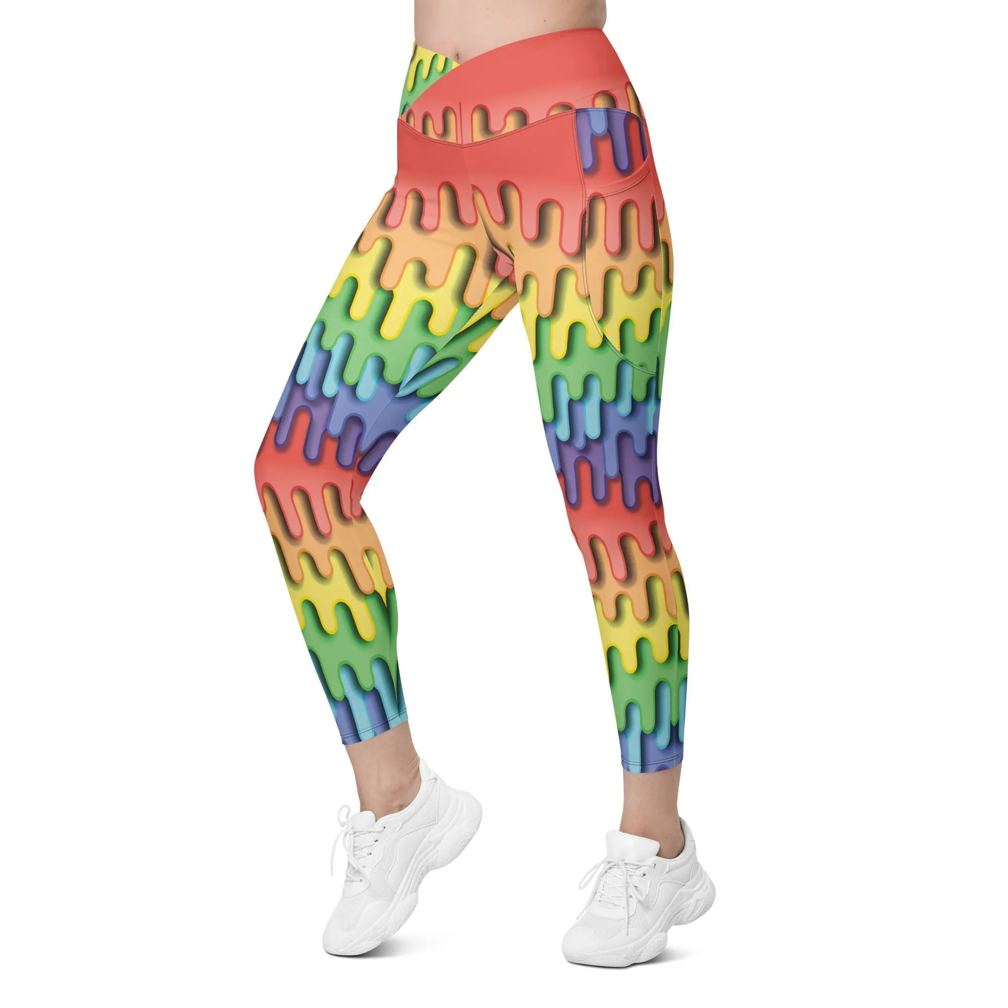 Dripping Rainbow Crossover Leggings With Pockets