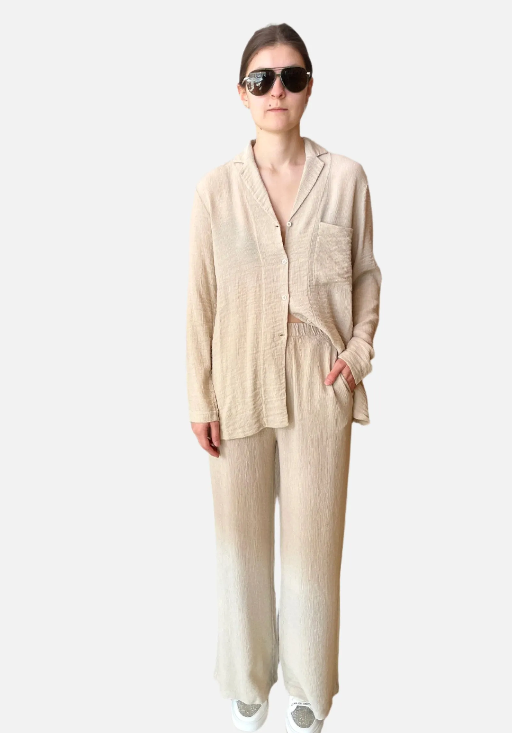 Embossed Viscose Palazzo Trousers - Sand