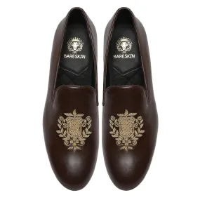 Ethnic Crest Zardosi Slip-On Shoes in Dark Brown Leather By Brune & Bareskin