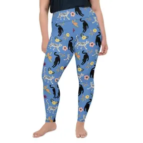 Feline & Flower Pattern Plus Size Leggings