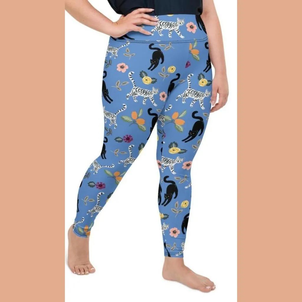 Feline & Flower Pattern Plus Size Leggings