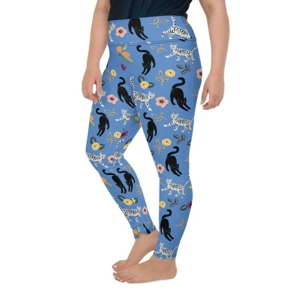 Feline & Flower Pattern Plus Size Leggings