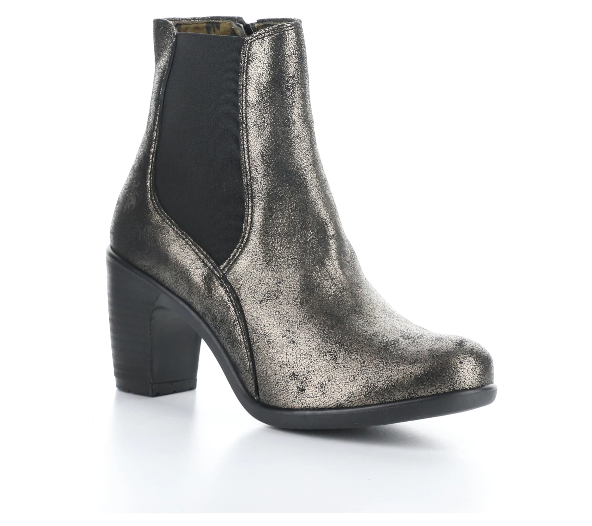 Fly London Metallic Leather Side Zip Heeled Boot- Koll