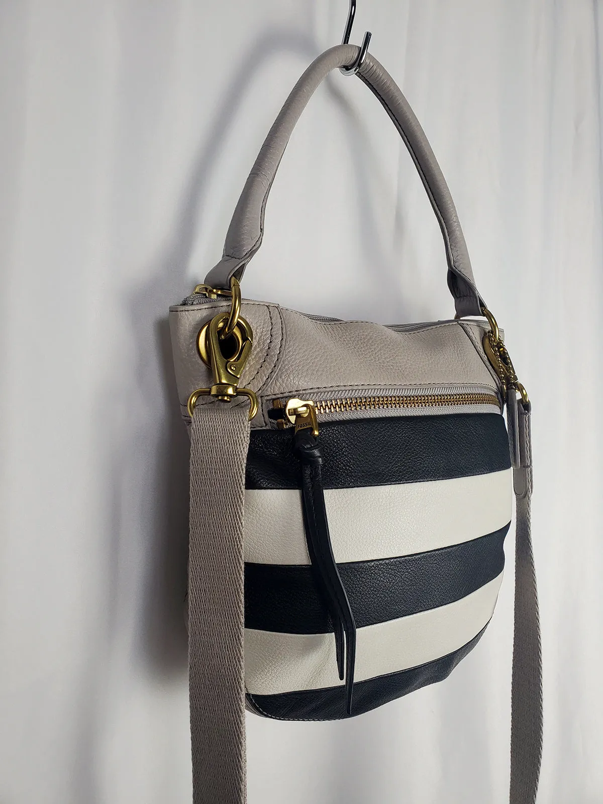 Fossil Gray & Black Leather Striped Cross-Body & Handbag