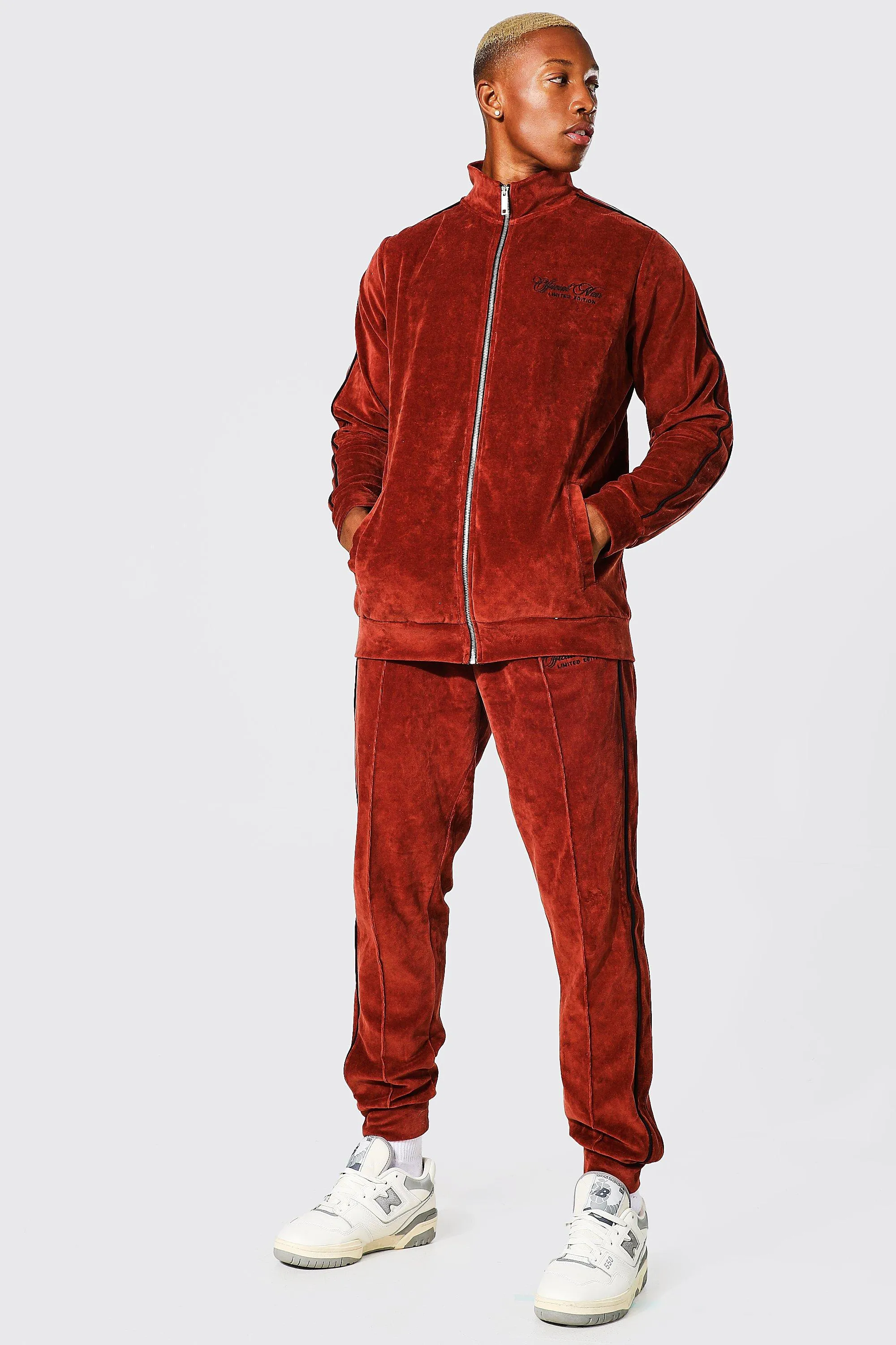 Funnel Neck Man Piping Velour Tracksuit | boohooMAN UK