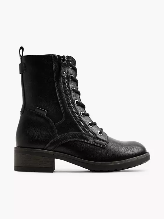 Graceland  Black Lace Up Biker Boot with Zipper Detail