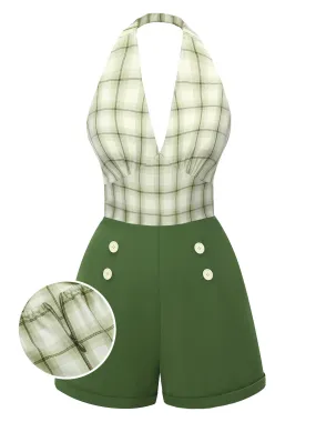 Green 1950s Windowpane Plaid Halter Romper