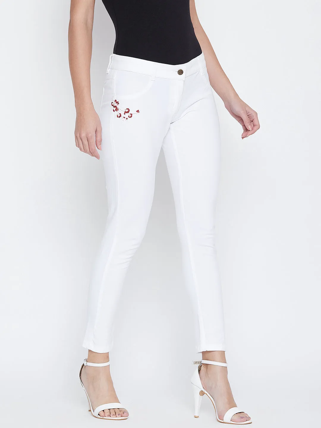 JUMP USA Women White Embroidered Skinny Fit Trousers