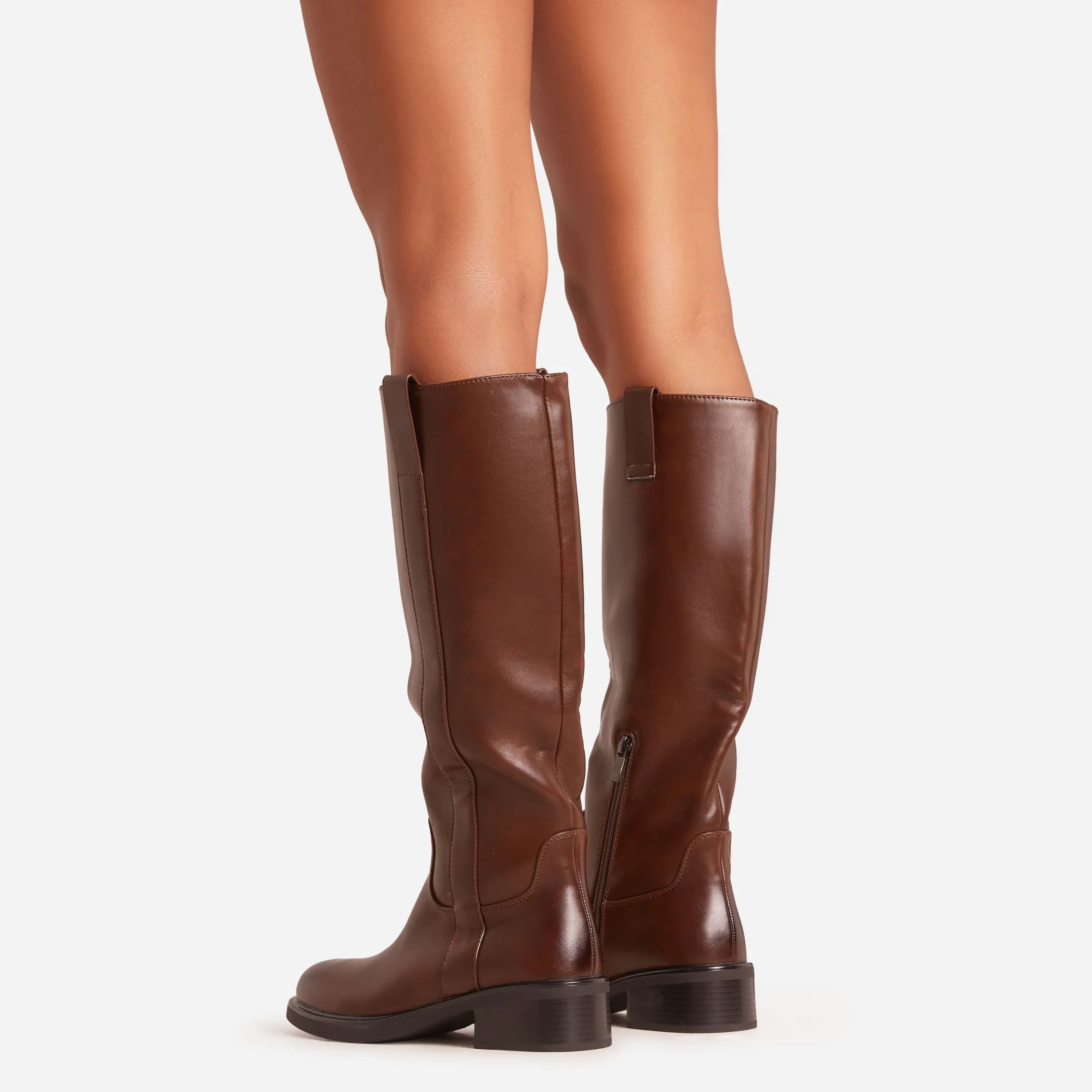 Lainey Panel Detail Knee High Long Flat Biker Boot In Brown Faux Leather