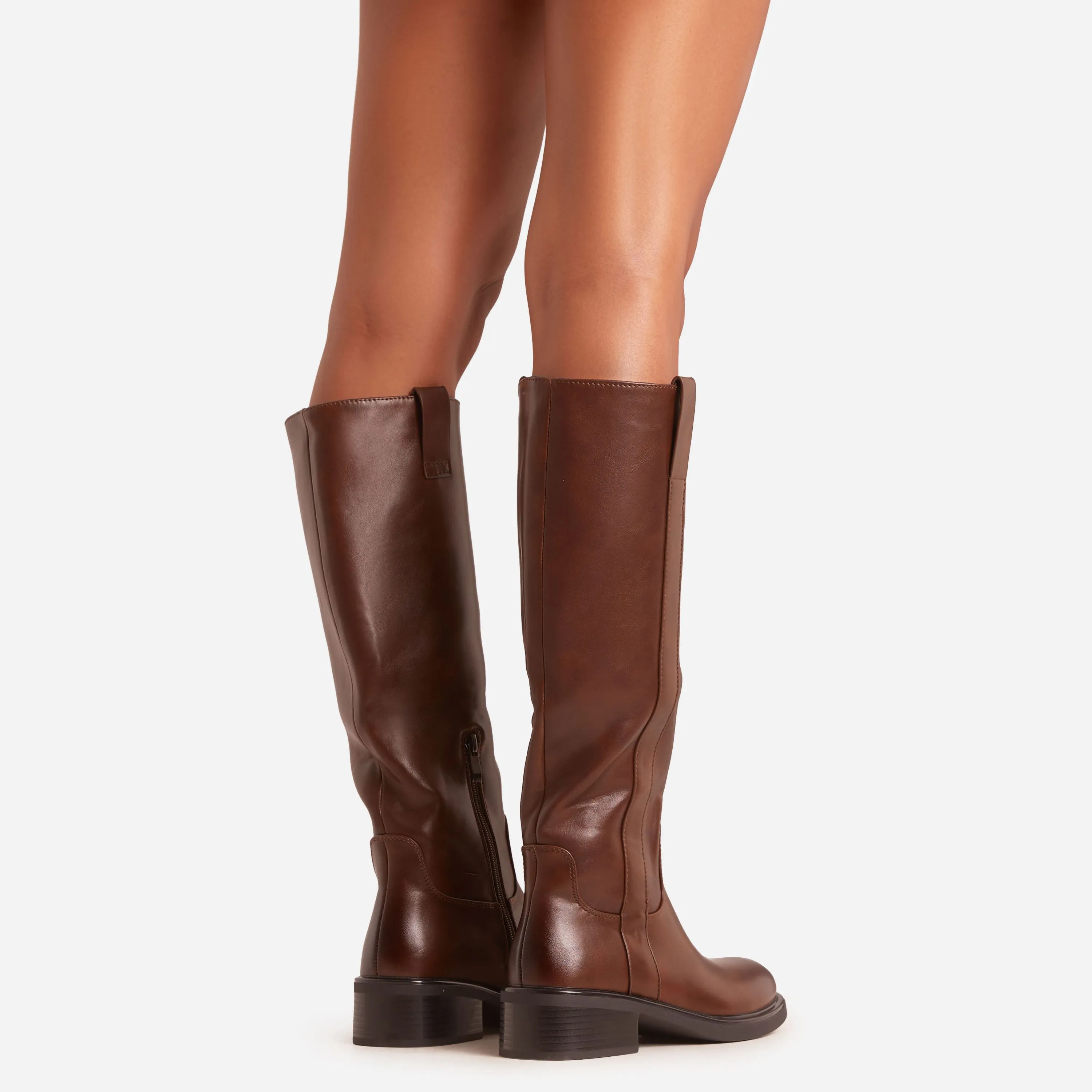 Lainey Panel Detail Knee High Long Flat Biker Boot In Brown Faux Leather