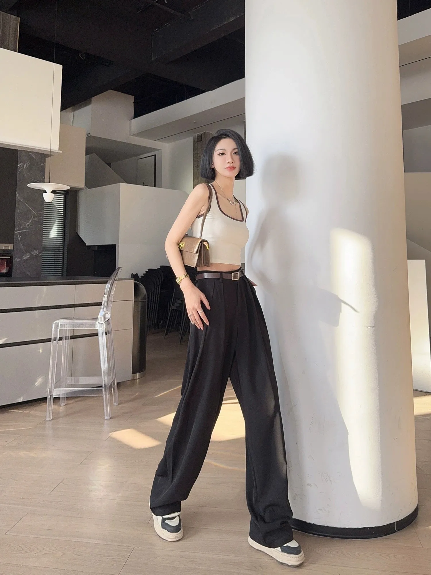 Light fabric tone tall trousers spring and autumn high waist slim loose gray suit floor-length drapey wide-leg trousers for wome