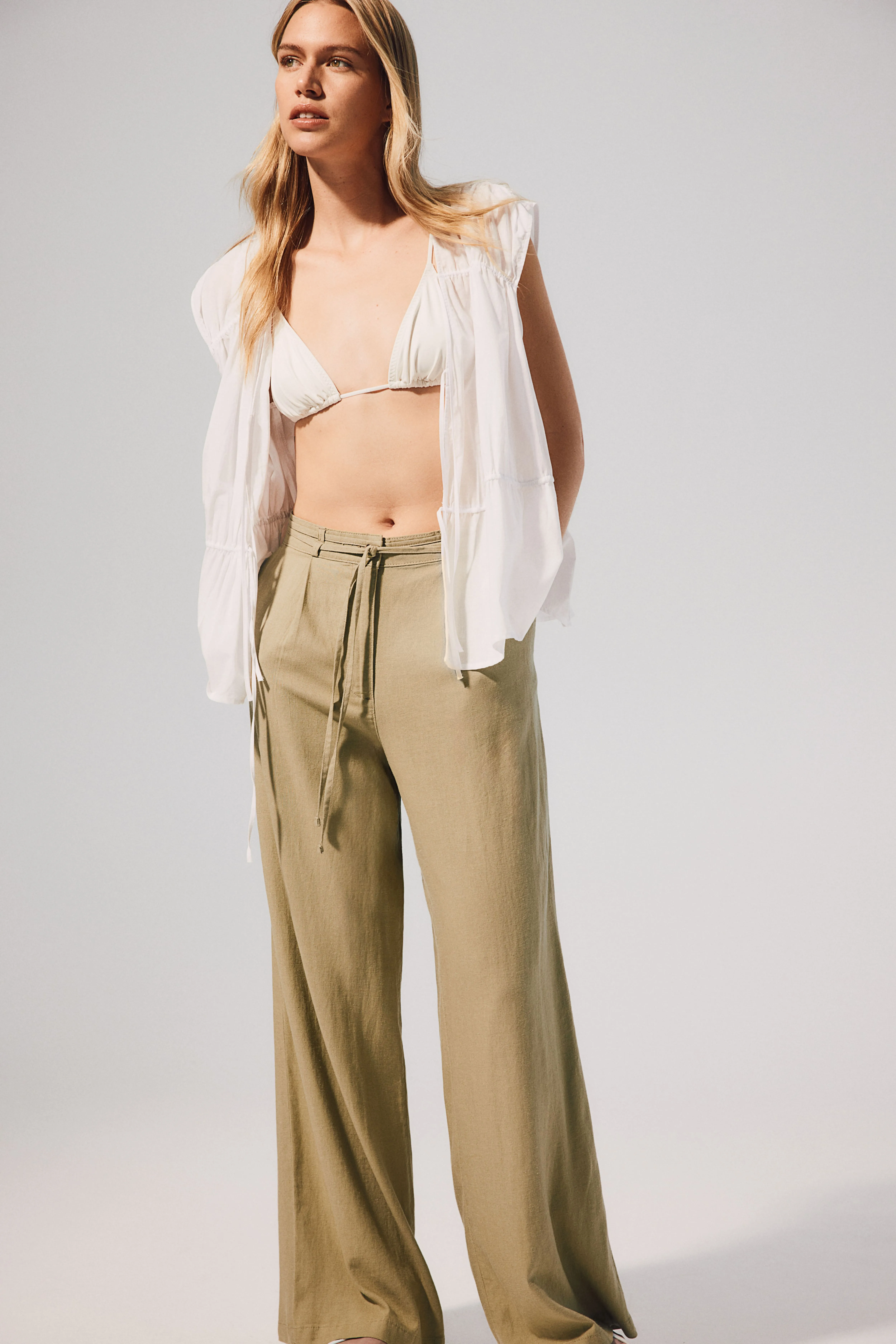 Linen-blend tie-belt trousers - High waist - Long - Beige - Ladies | H&M GB