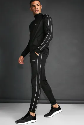 MAN Skinny Fit Tracksuit With Reflective Piping | boohooMAN UK