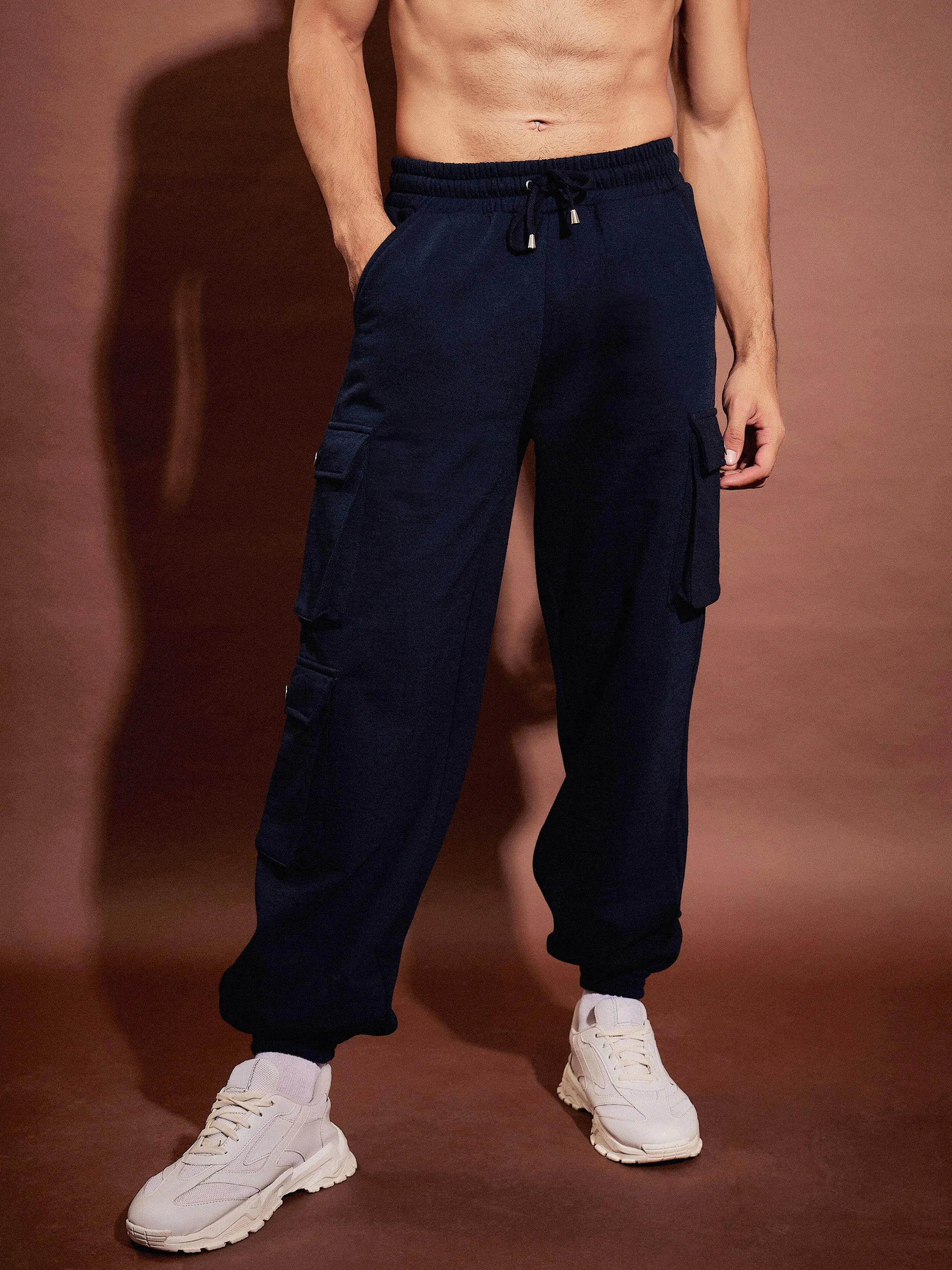 Men Navy Utility Pockets Oversized Joggers