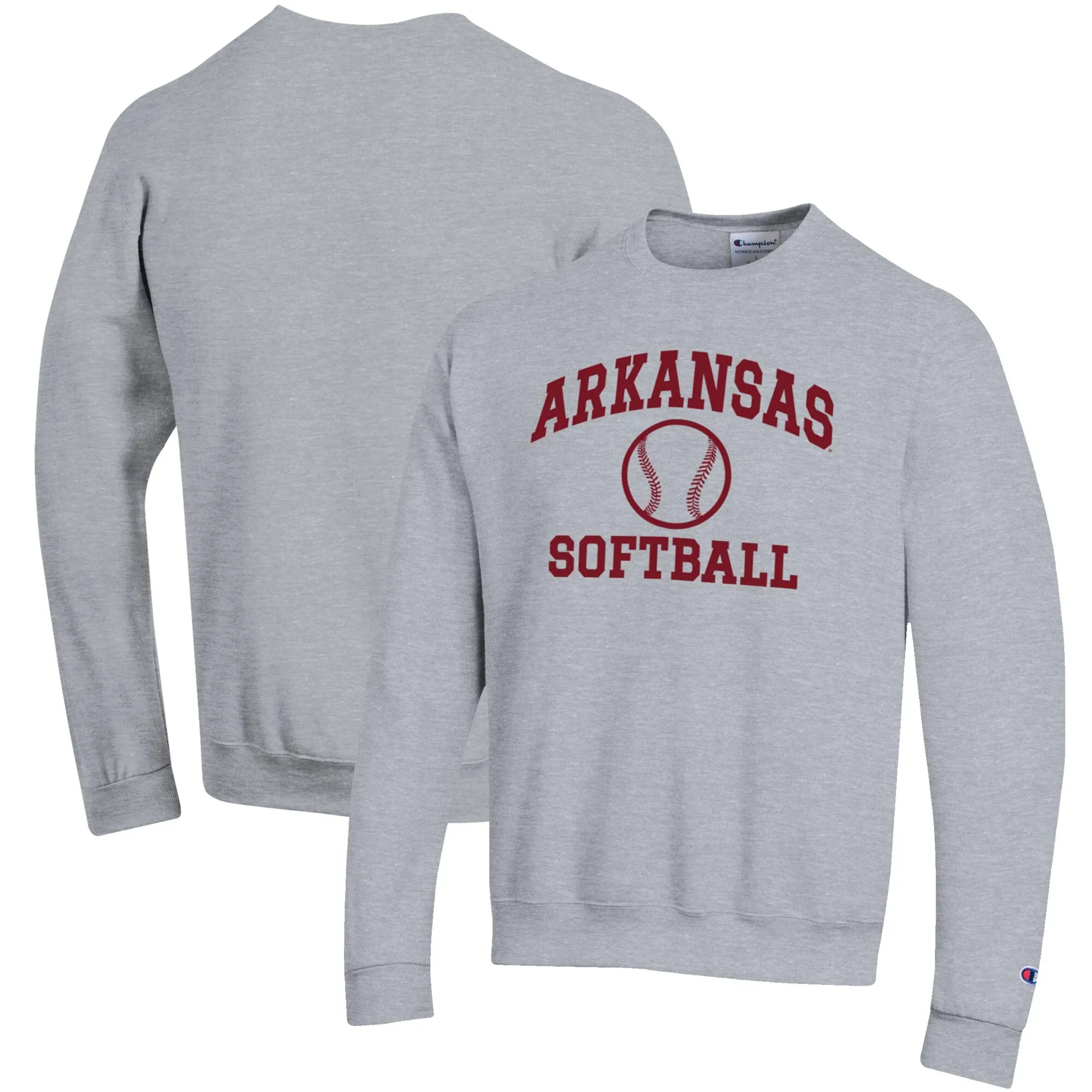 Men's Champion Gray Arkansas Razorbacks Softball Icon Crewneck Pullover Sweatshirt