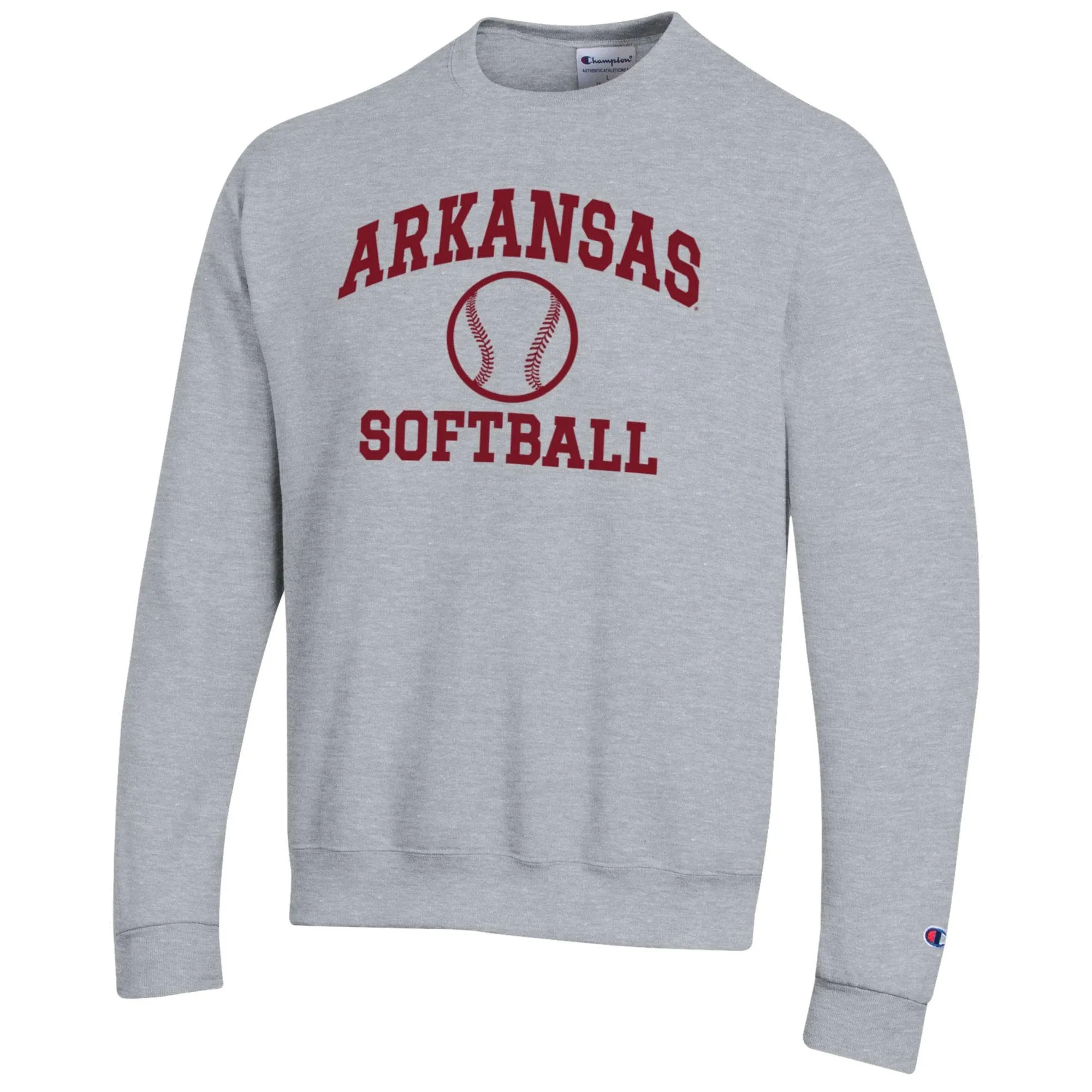 Men's Champion Gray Arkansas Razorbacks Softball Icon Crewneck Pullover Sweatshirt