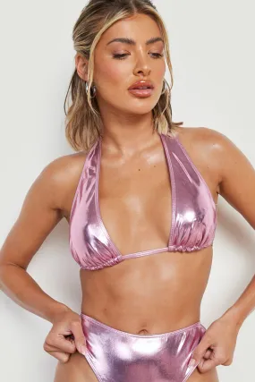 Metallic Strap Detail Plunge Bikini Top