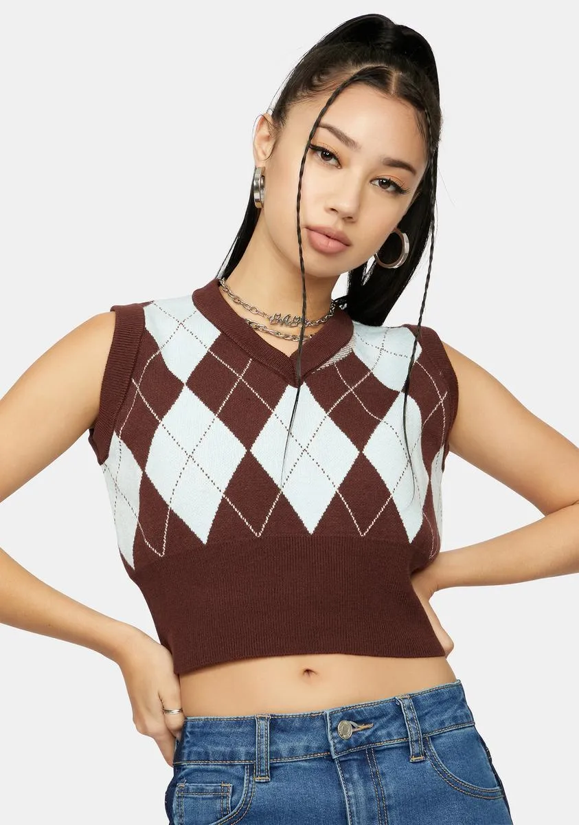 Mocha Would You Rather Cropped Argyle Vest-