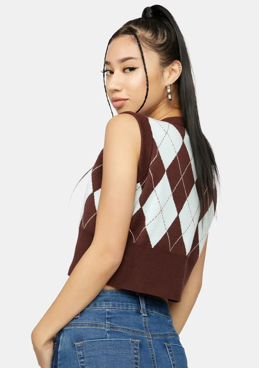 Mocha Would You Rather Cropped Argyle Vest-