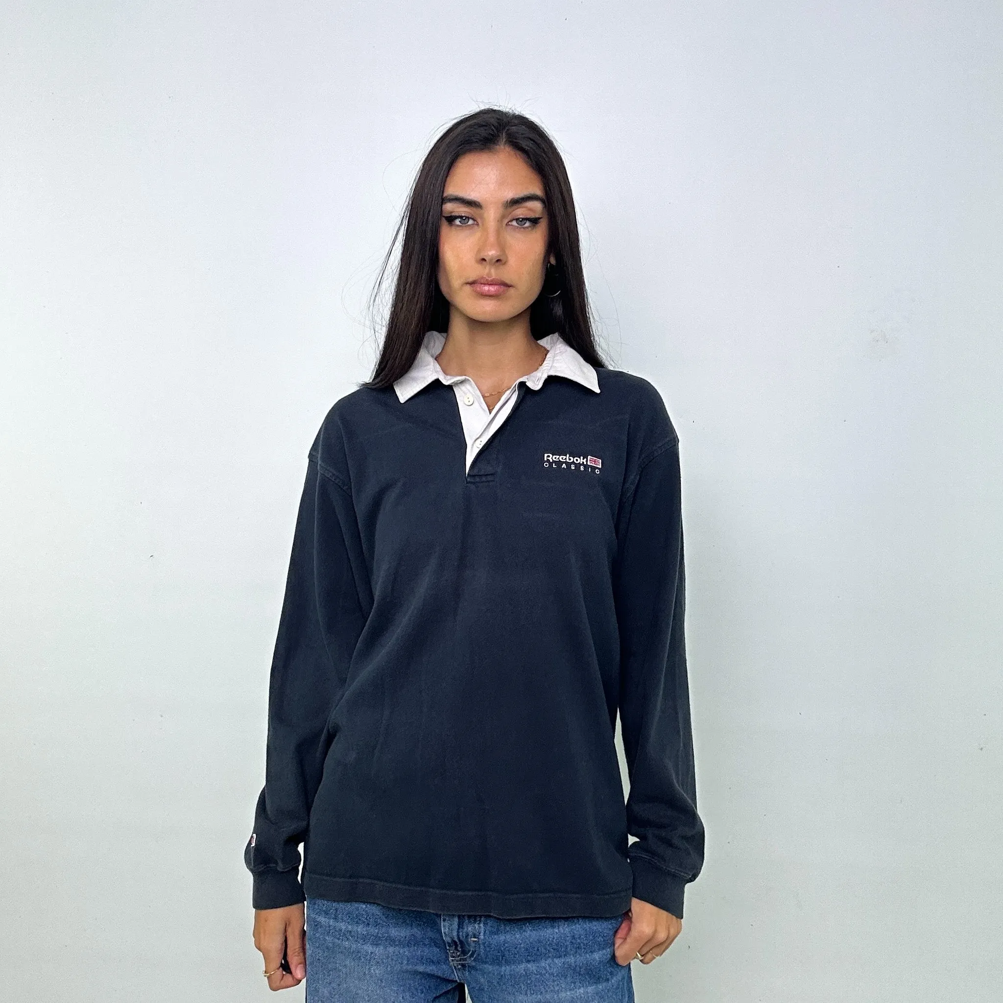 Navy Blue 90s Reebok Rugby Spellout Sweatshirt (M)