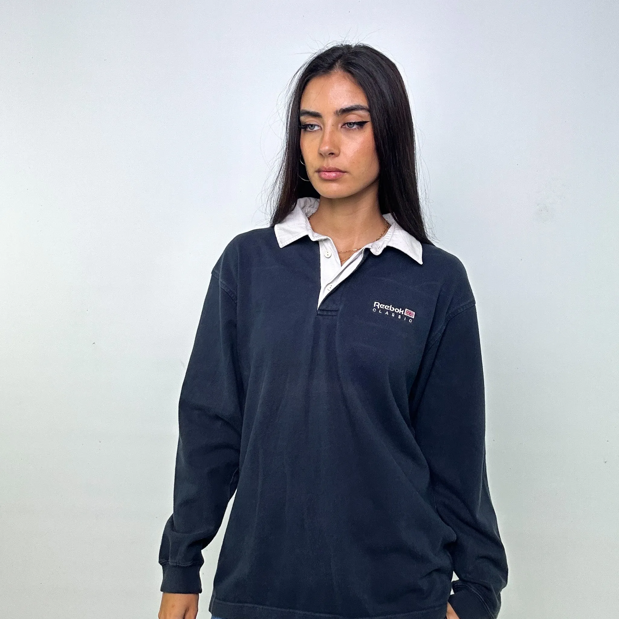 Navy Blue 90s Reebok Rugby Spellout Sweatshirt (M)