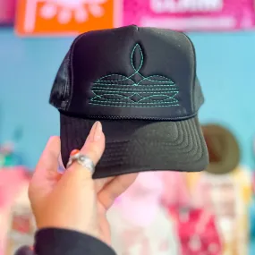 Online Exclusive | Turquoise Boot Stitch Foam Trucker Cap in Black