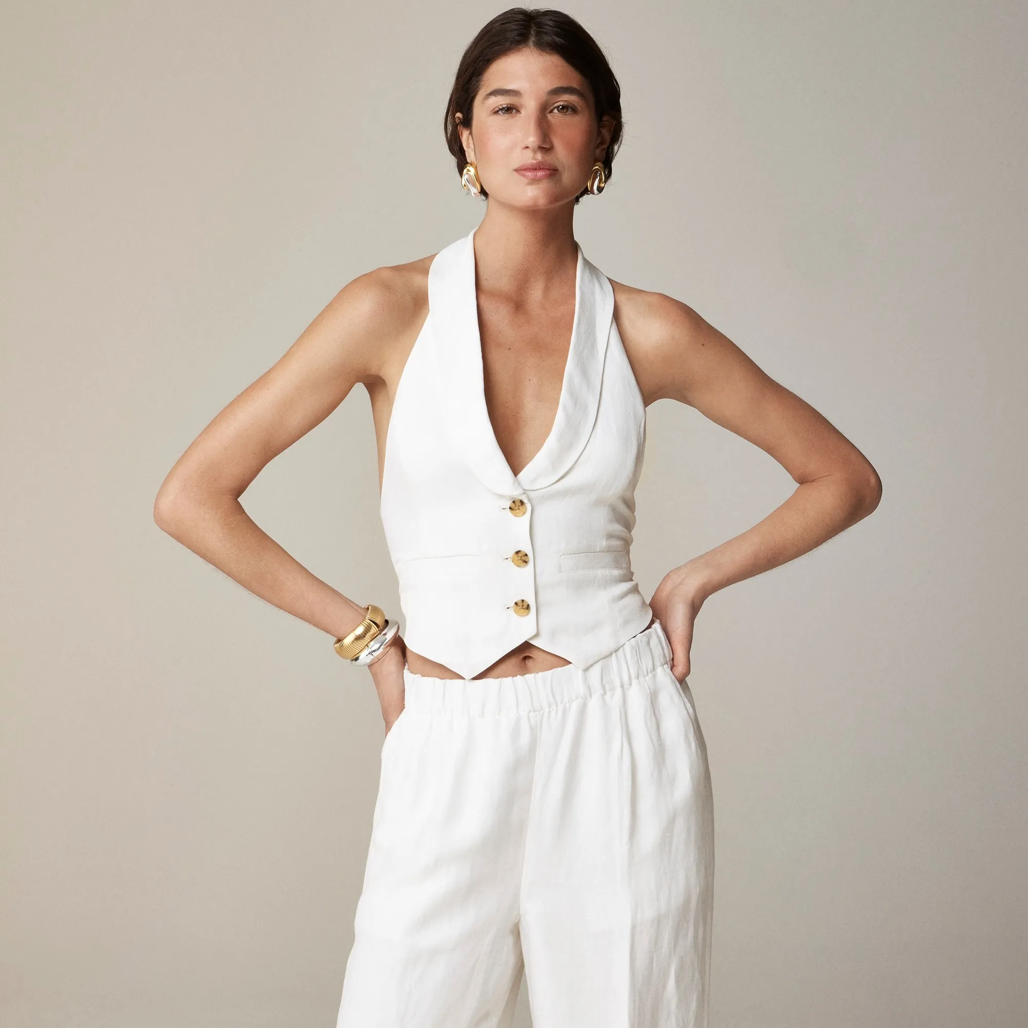 Open-back vest in linen-cupro blend