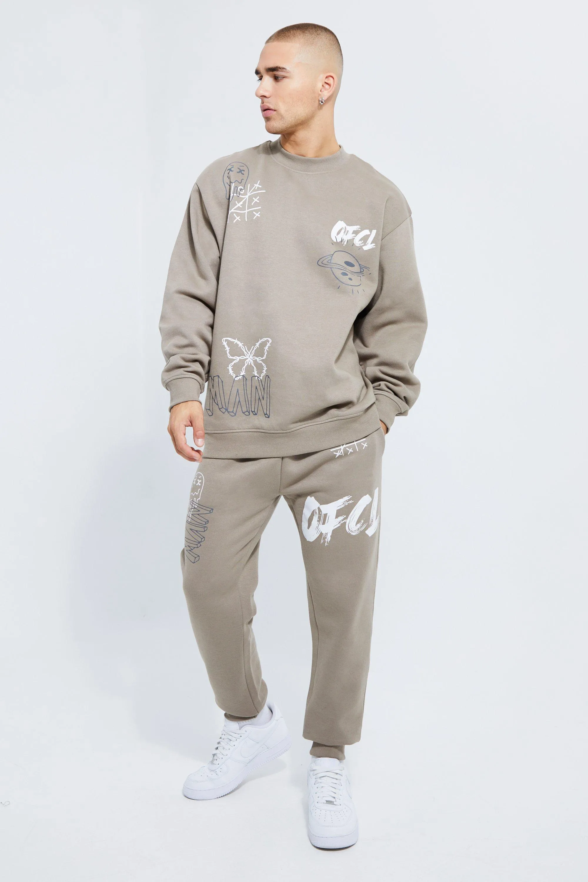 Oversized Ofcl Graffiti Sweatshirt Tracksuit | boohooMAN UK