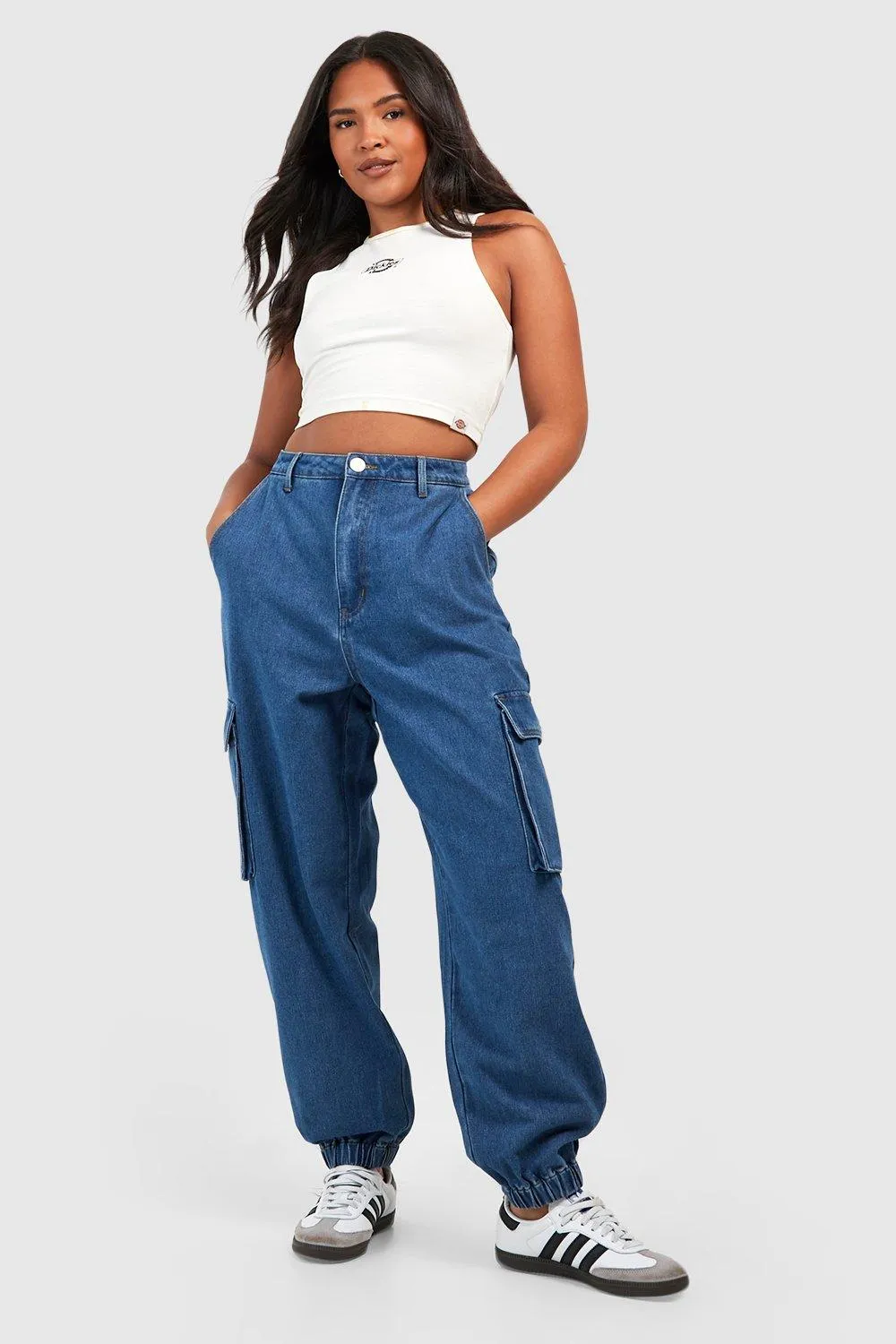 Plus High Waisted Denim Cargo Joggers