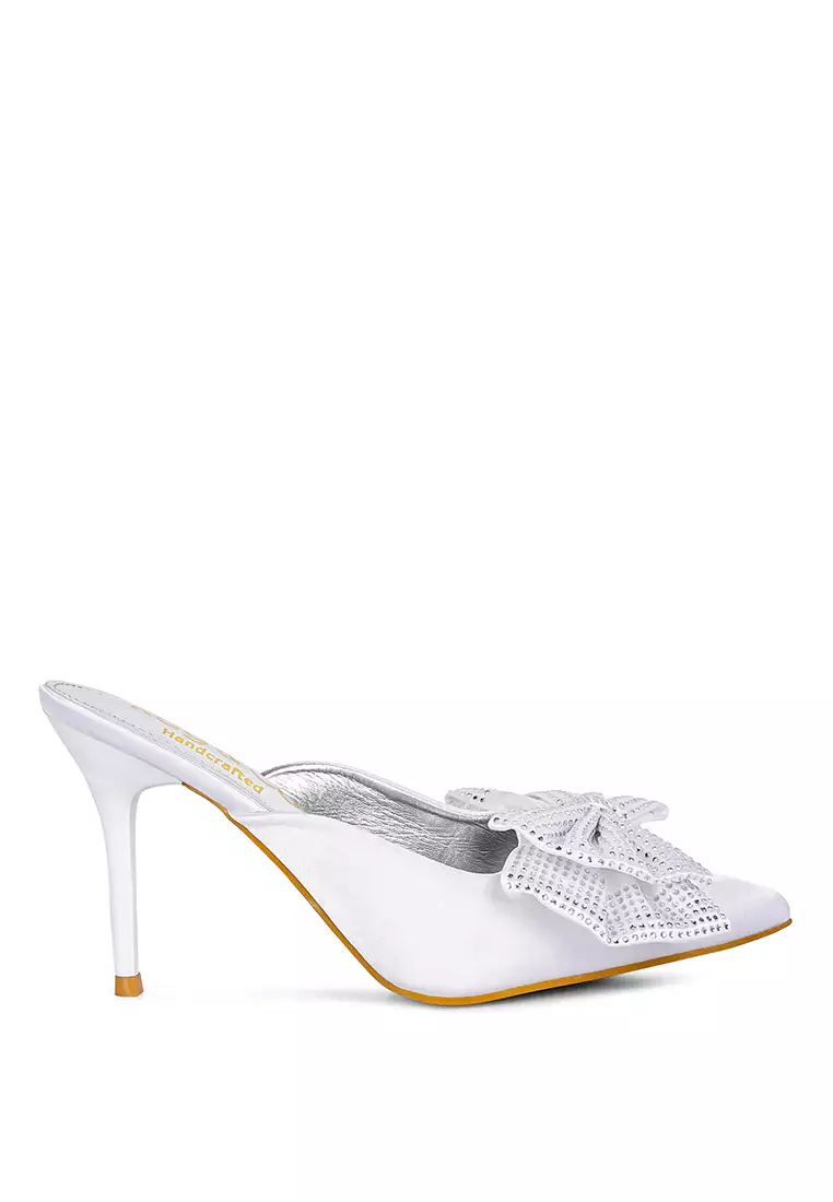 Rag & CO. White Diamante Bow Slip On Sandals