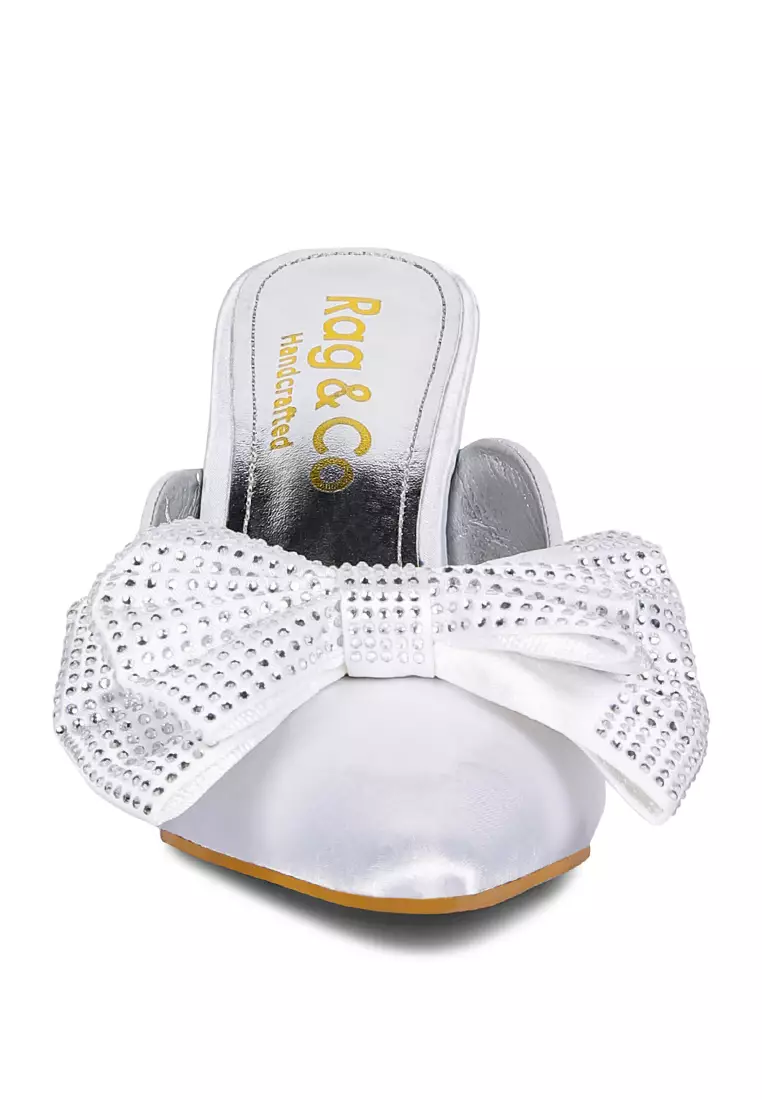 Rag & CO. White Diamante Bow Slip On Sandals