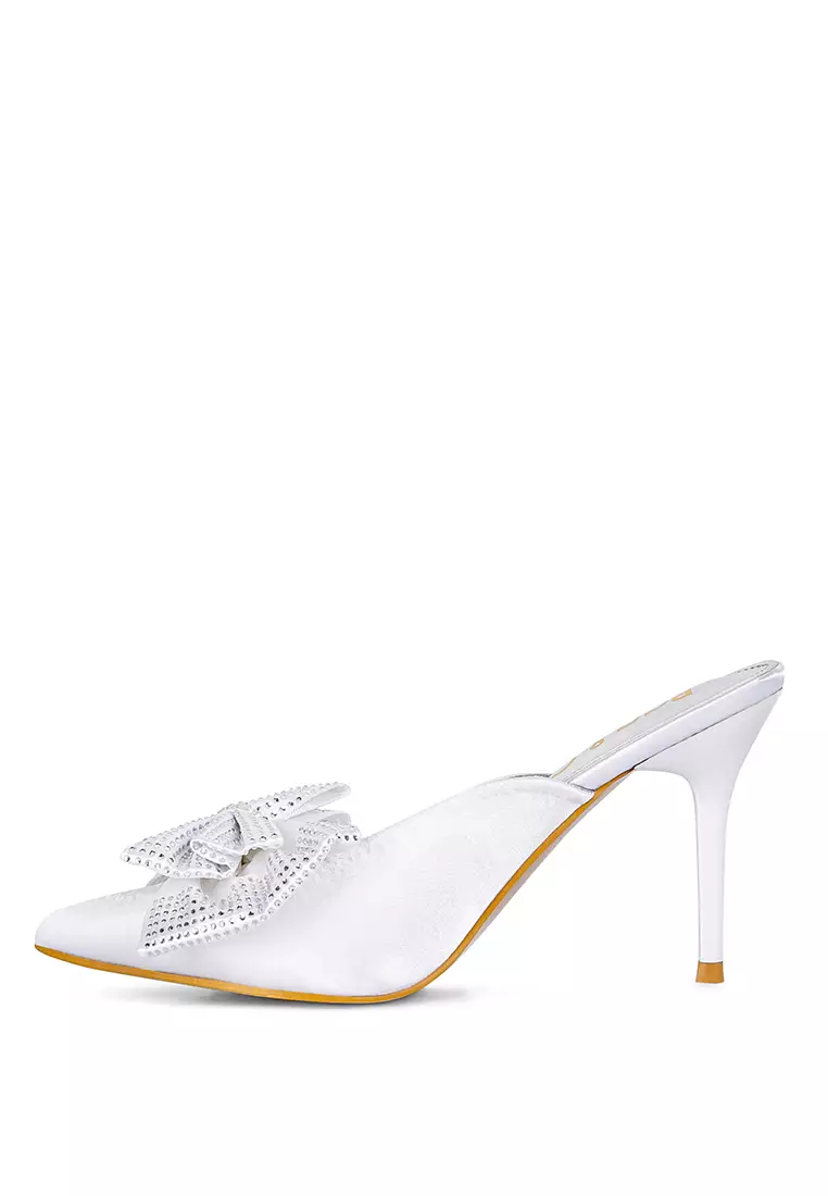 Rag & CO. White Diamante Bow Slip On Sandals