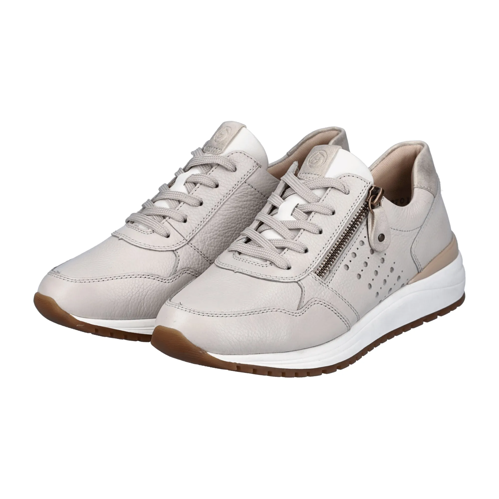 Remonte Women's White Leather Sneakers with Zipper and Laces